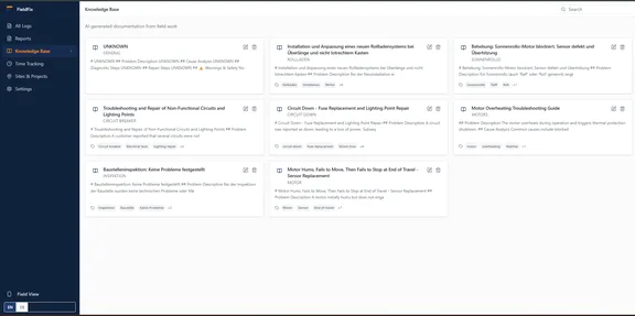 FieldFix-Dashboard mit einer Übersicht durchsuchbarer Berichte
