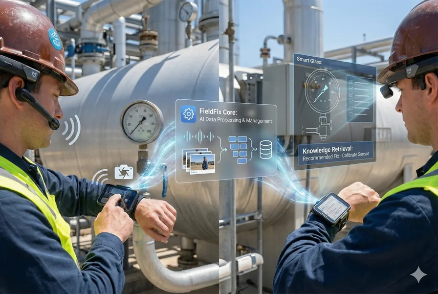 Illustration: Sprachnotiz und Fotos eines Technikers werden zu einem strukturierten Bericht, den ein Kollege später wiederfindet